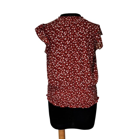 Sienna Sky Red Floral Blouse Womens M Short Sleeve Ruffle Hem 100% Polyester - Picture 3 of 10
